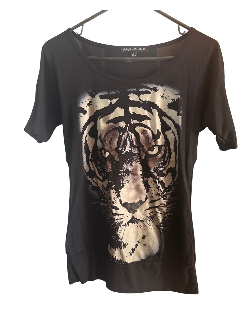 Suzie In The City Black Tee with Metallic Tiger Face